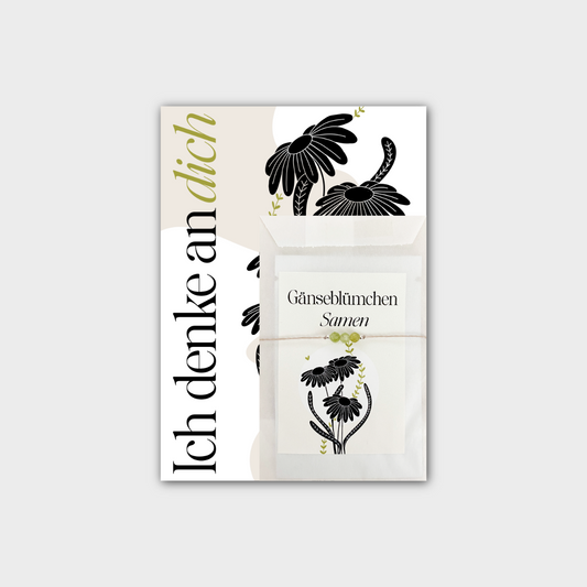 Ich denke an dich Geschenk – Postkarte mit Gänseblümchensamen & Glücksarmband mit Peridot Edelstein & 925 Silber